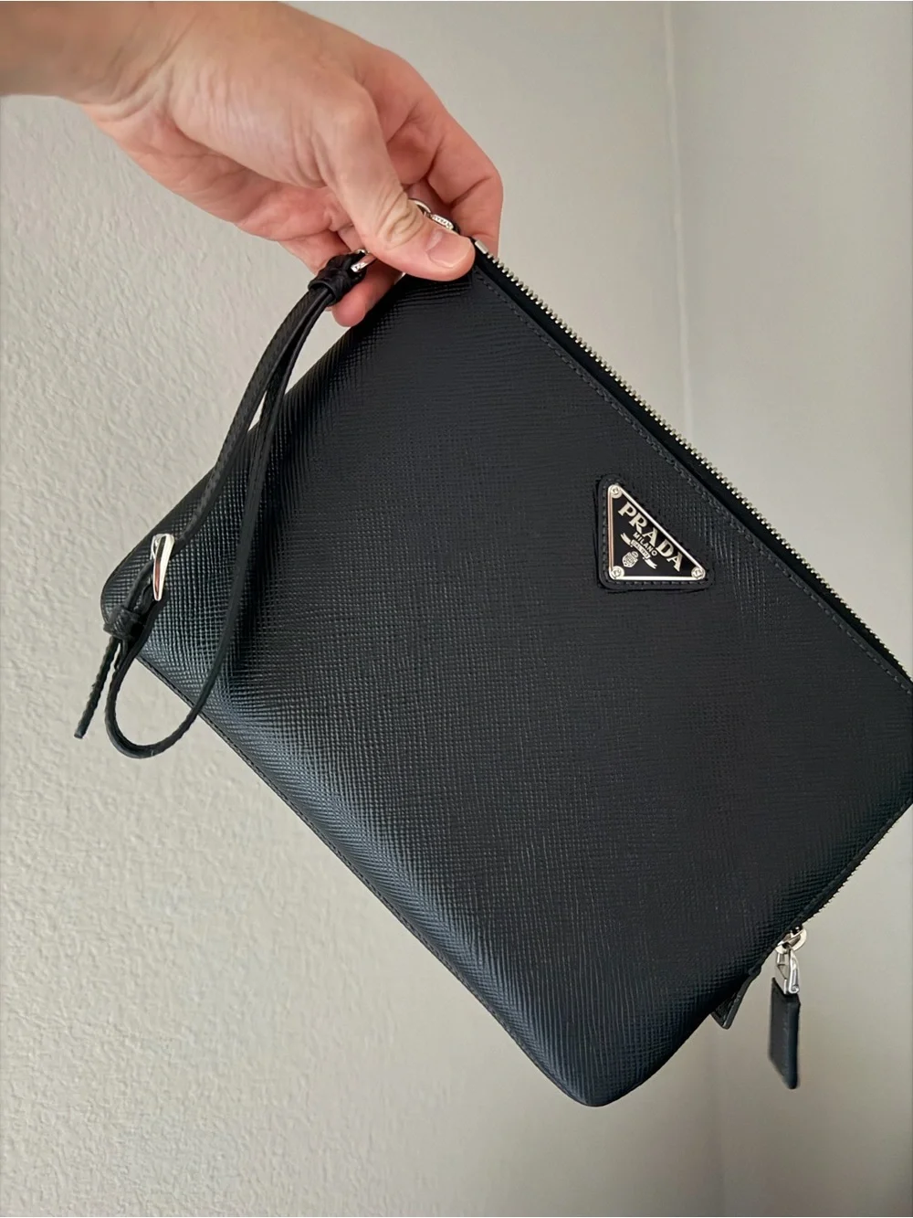 Prada Black Saffiano Leather Men’s  Wrist Strap Pouch